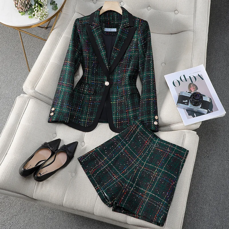 

Women's Spring and Autumn Suit Jacket2025New High-End Elegant Petite Shorts Set Fashion Plaid Street Style Suit