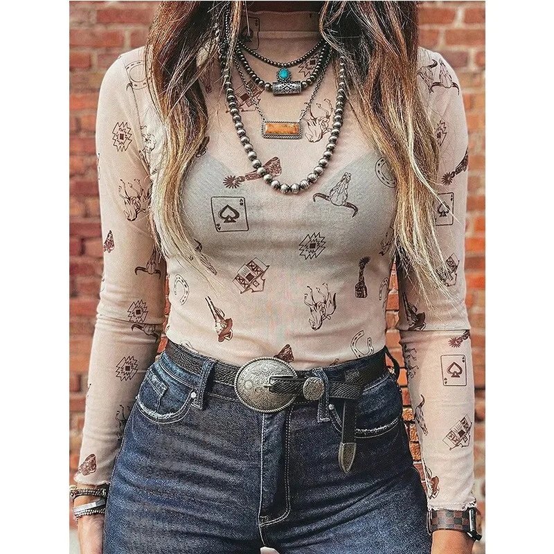 Women's Autumn Mesh Turtleneck Slim Fit Long Sleeve T-shirt Casual Women's Blouse T-shirt Woman Tops Mesh Sheer Boho Style view 2