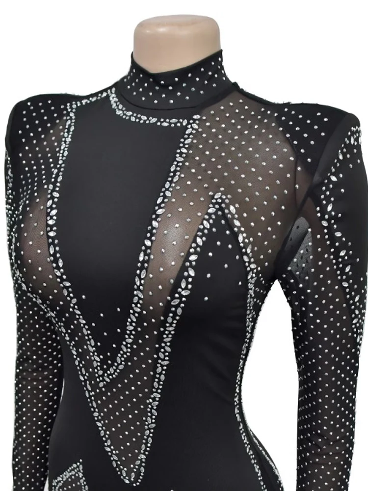 Kricesseen Sparkle Long Sleeve Black Rhinestones Mesh Skinny Crystal Jumpsuits Glam Hollow Out Fitted Diamonds Rompers Clubwear