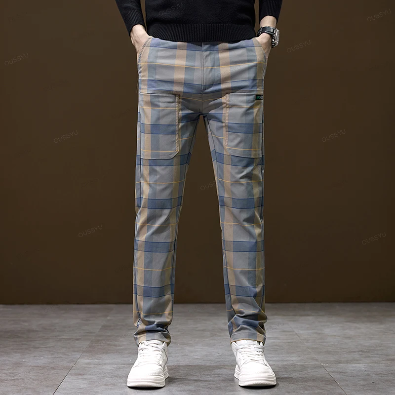 Autumn Winter Luxury Plaid Check Pattern Casual Pants Men Thick Business Elastic Waist Slim Fit Korean Pocket Long Trousers Male