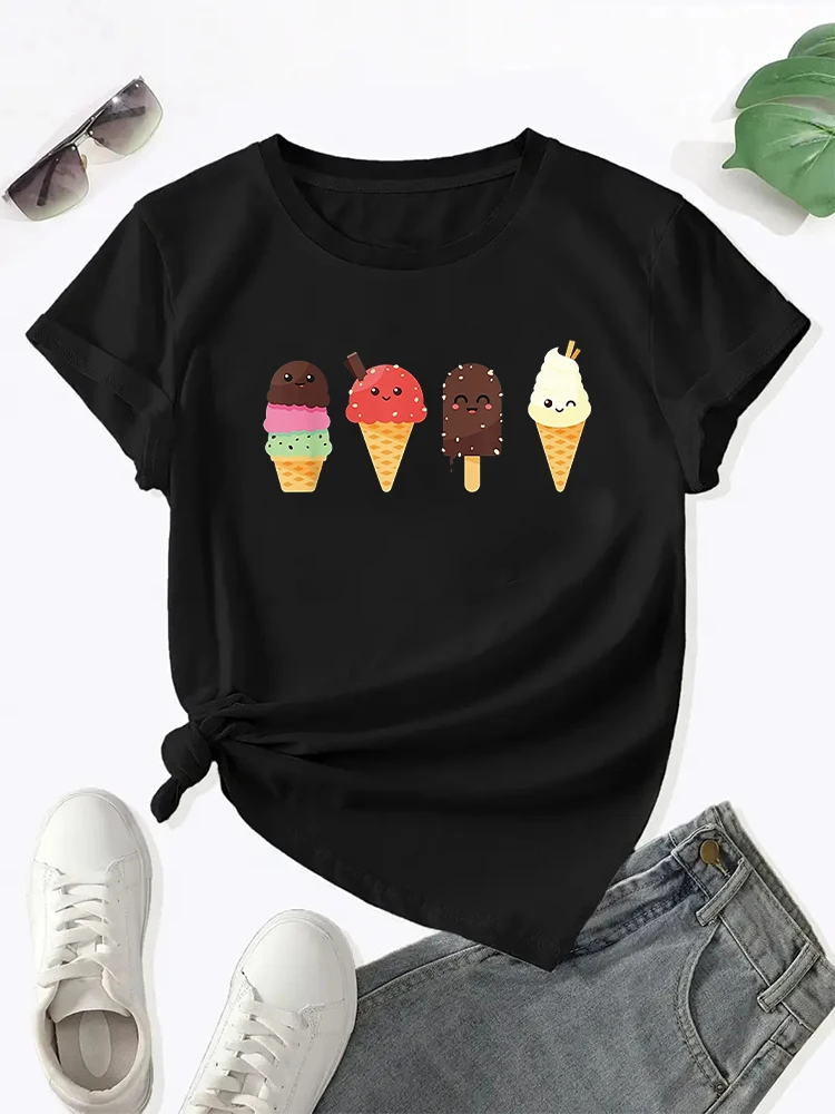 

2024 New Summer Ice Cream Enthusiast T-shirt Fun Cartoon Ice Cream Pattern Printed Round Neck Women's T-shirt