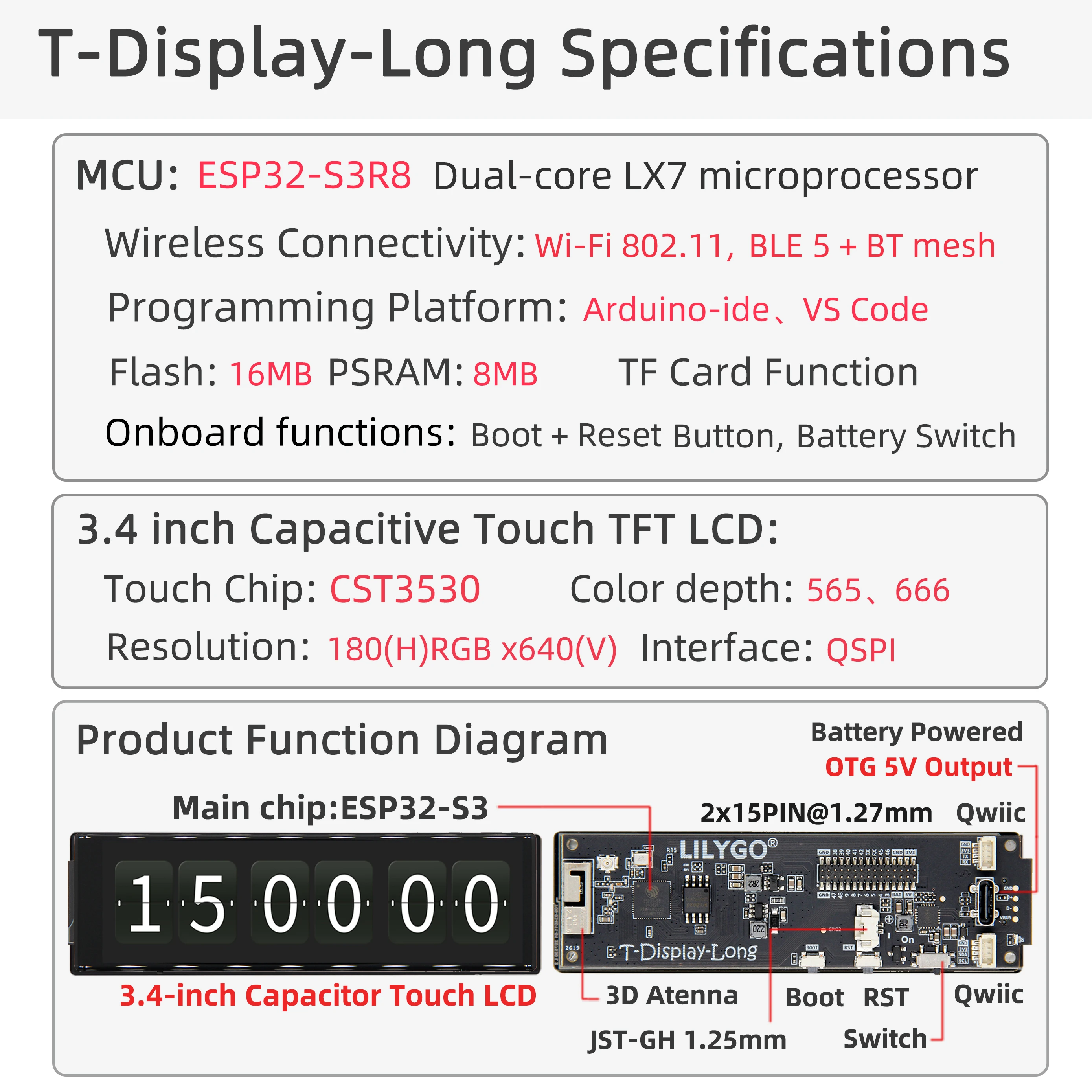 LILYGO® T-Display-S3-Long 3,5-Zoll-Touch-Display ESP32-S3 Entwicklungs board TFT LCD-Funkmodul WiFi Bluetooth 16MB Flash – Detail 2