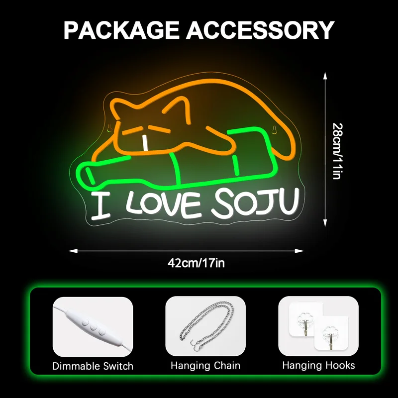 I Love Soju Neon Sign Cat Led Neon Light Wall Decor For Bar Club Party Colorful Soju Neon Light Sign Dimmable Animal Neon Light
