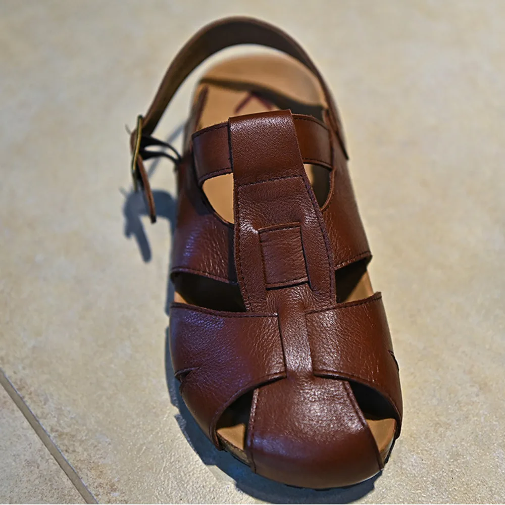 Women Dark Brown Genuine Leather Roman Sandals Woven Closed Toe Slingback Cork Footbed Antique Brass Buckle Flat Shoes view 2