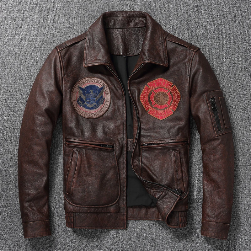 

Новая куртка из натуральной кожи, винтажное коричневое пальто из воловьей кожи, мужские военные куртки-пилоты, полет ВВС