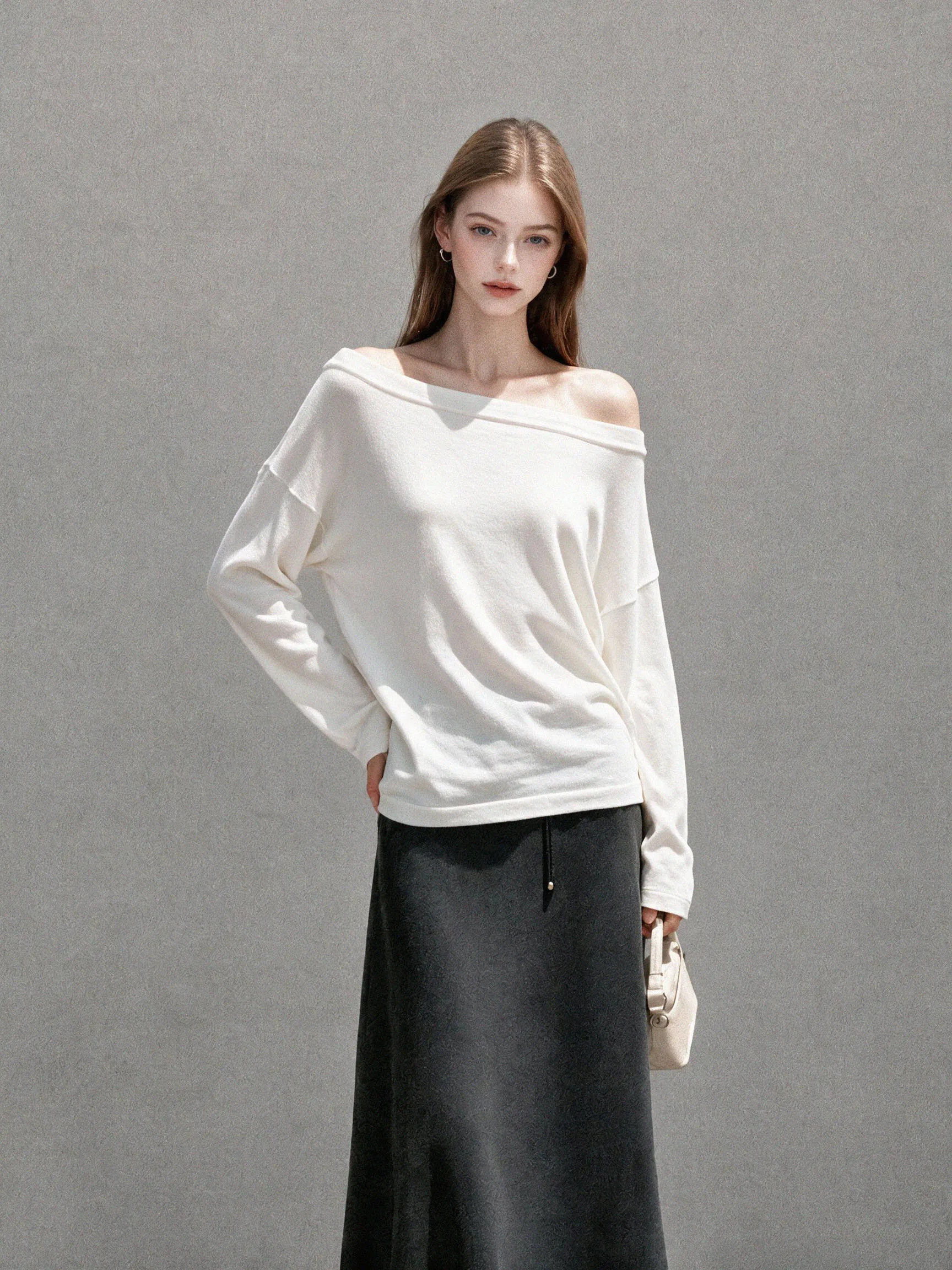 Off Shoulder Asymmetric Long Sleeve T Shirt Women Korean Sweet Early Autumn Chic Pretty Top