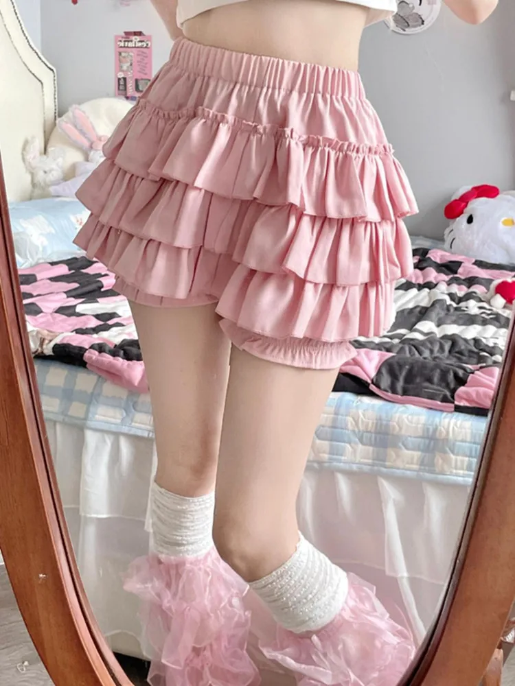 SKMY Cute Lace Pink Pumpkin Shorts Skirts Solid Color Y2k Clothes Women Slimming Ruched Fluffy Cake Skirts 2026 Spring New