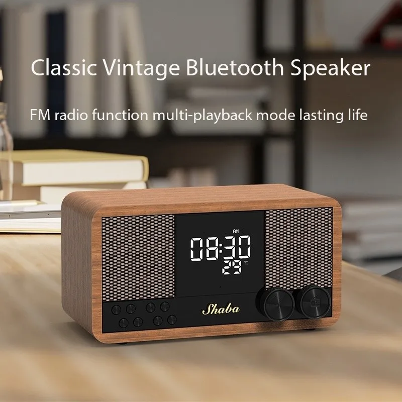 

Retro Bluetooth Speaker Wooden Subwoofer Classical Home Theater with FM Radio LED Clock Temperature Display Bluetooth 5.1