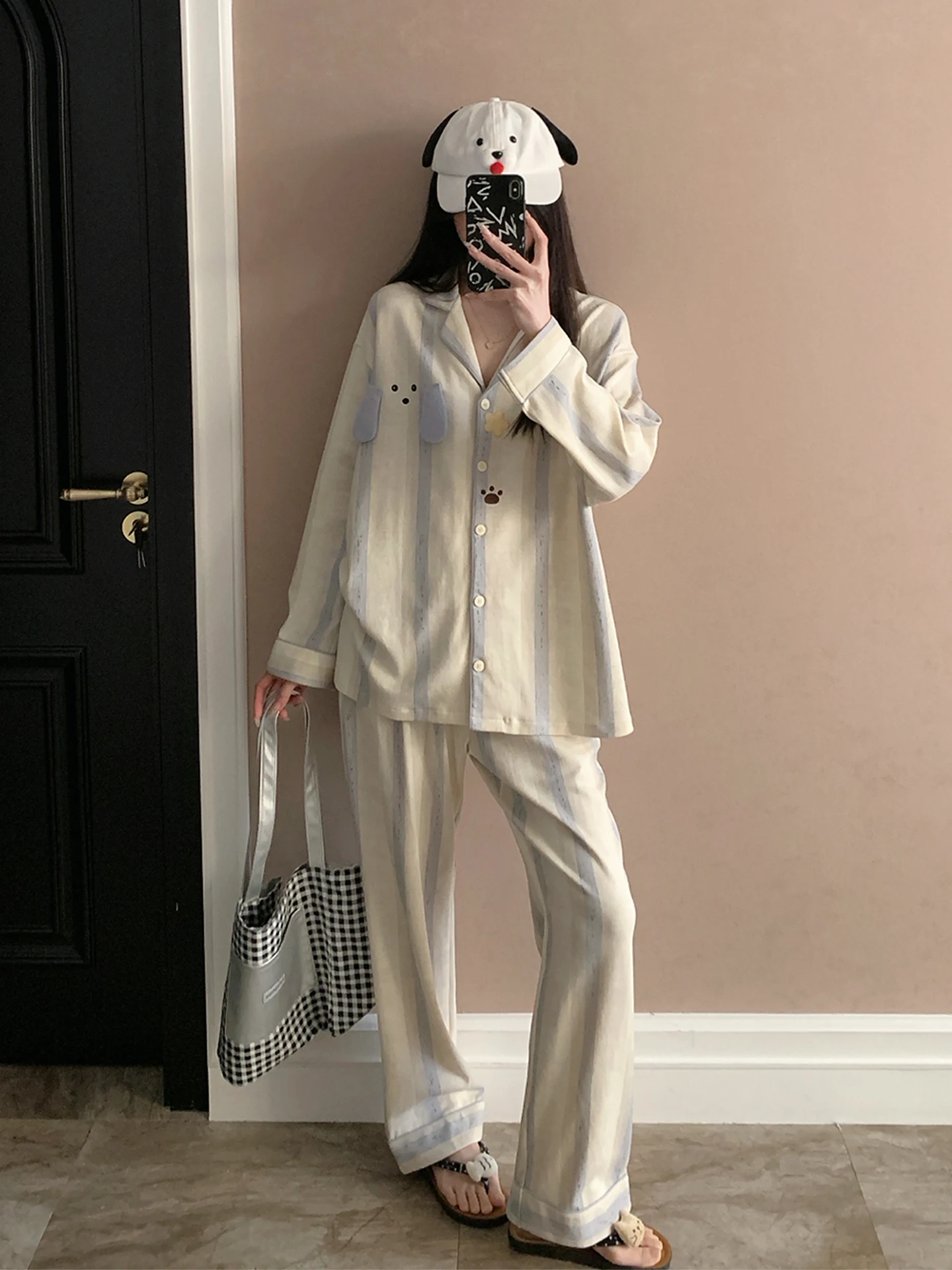 women's-cotton-pajamas-long-sleeve-thin-cardigan-home-clothes-spring-autumn-seasonal-blue-stripe-panda-set-youth-size