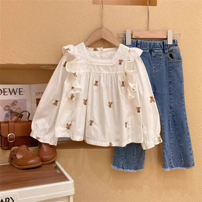 Girls' Stylish Two-Piece Suit Autumn New Children's Western Style Lace Flounced Sleeve Doll Shirt Raw Hem Jeans Suit