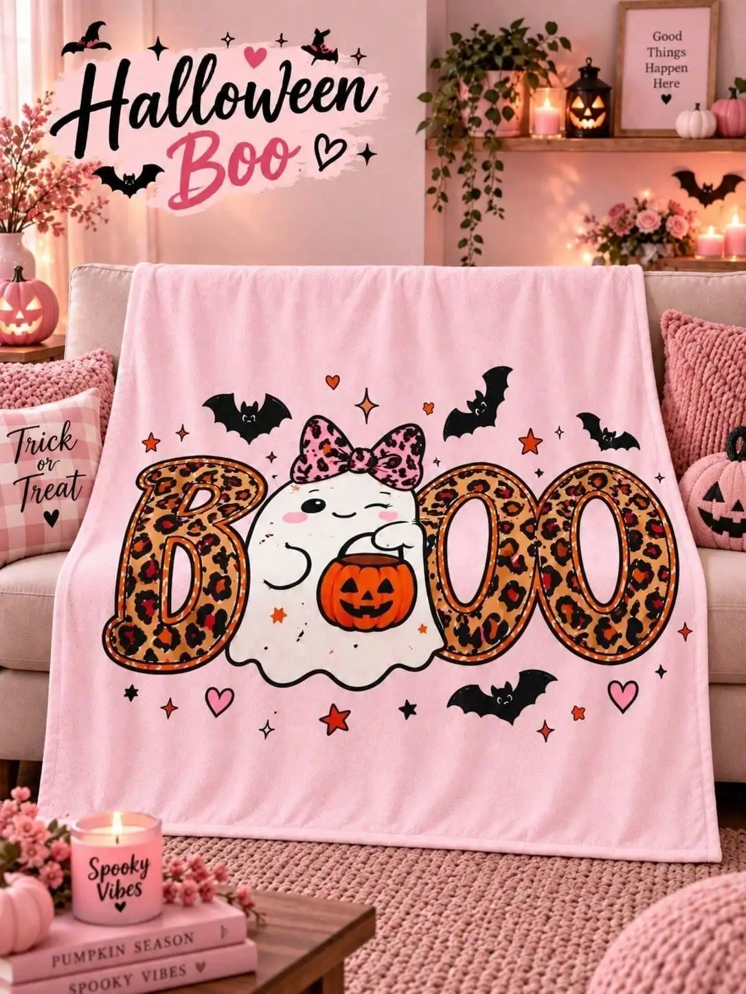Halloween Flannel Blankets & Throws Boo Ghost Pumpkin Bat Leopard Heart Sparkle Sofa Bed Nap Couch Home Decor Living Room Bedroom Reading Lounge Guest Space Dorm Travel Party Gift For Family Friends Thanksgiving Christmas Anniversary Birthday