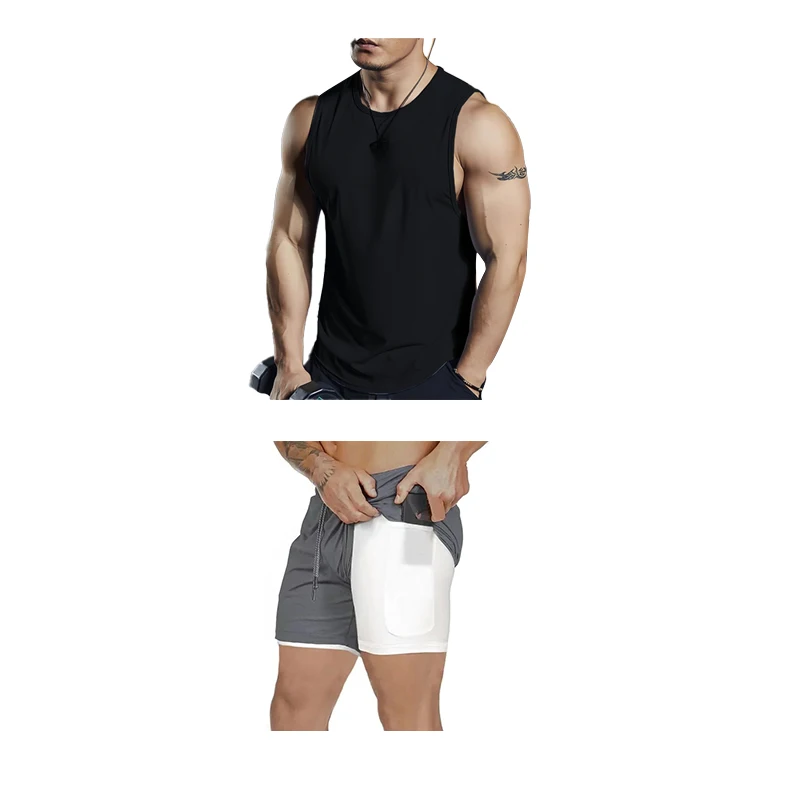 

2025 Summer New Men Solid Color Tank Top Set Outdoor Gym Fitness Training Running T-shirt Double Layer Shorts Two Piece Set