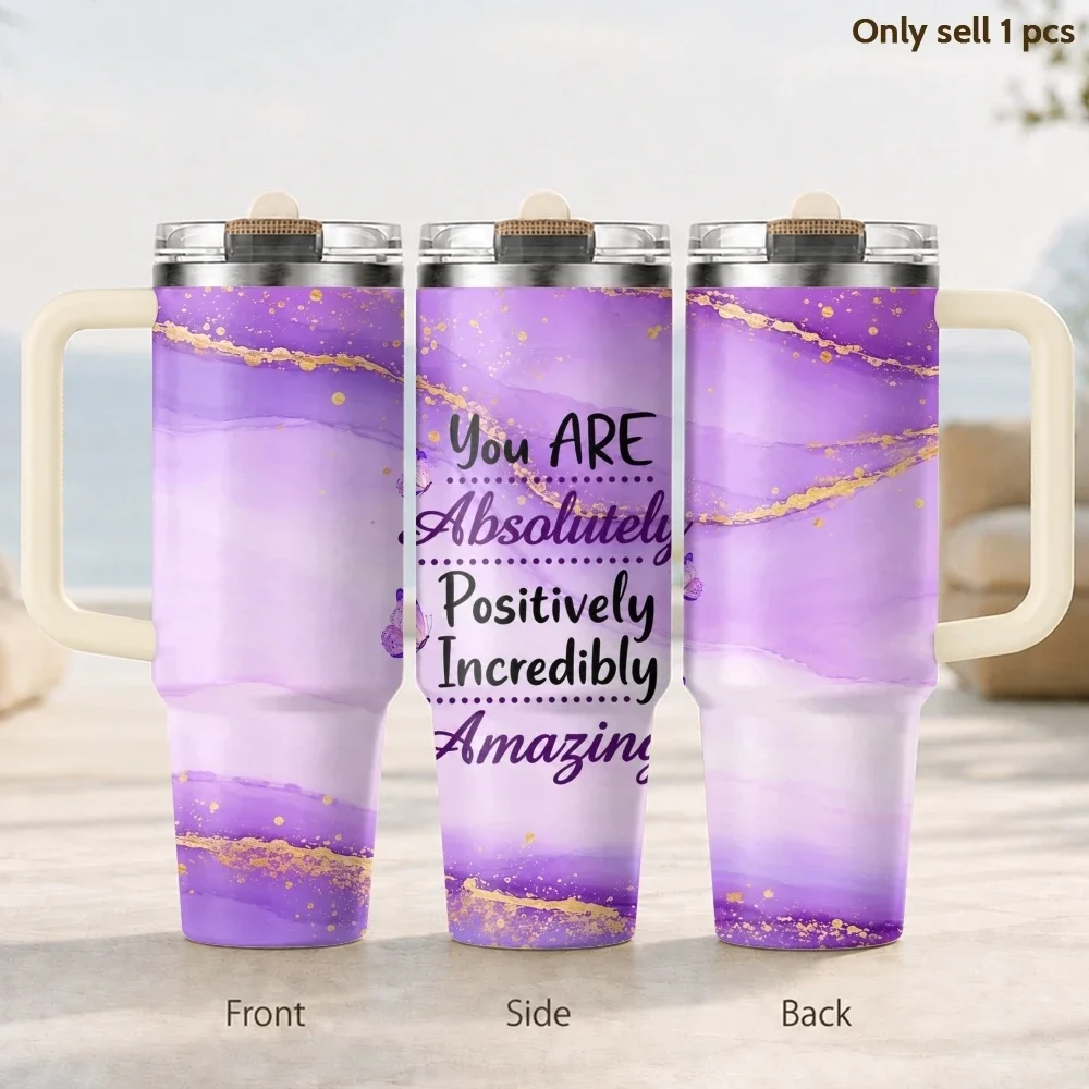 Gobelet isotherme en acier inoxydable de 40 oz, 3ème génération, avec poignée et couvercle à paille, motif 'You Are Wonderful Affirmations'