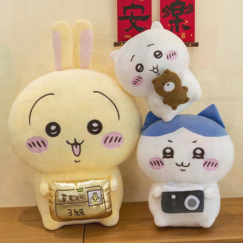 60cm Chiikawa Plush Doll Usagi Hachiware Chii Kawaii Standing Stuffed Toy with Camera Certificate Cute Anime Figure Kids Gift