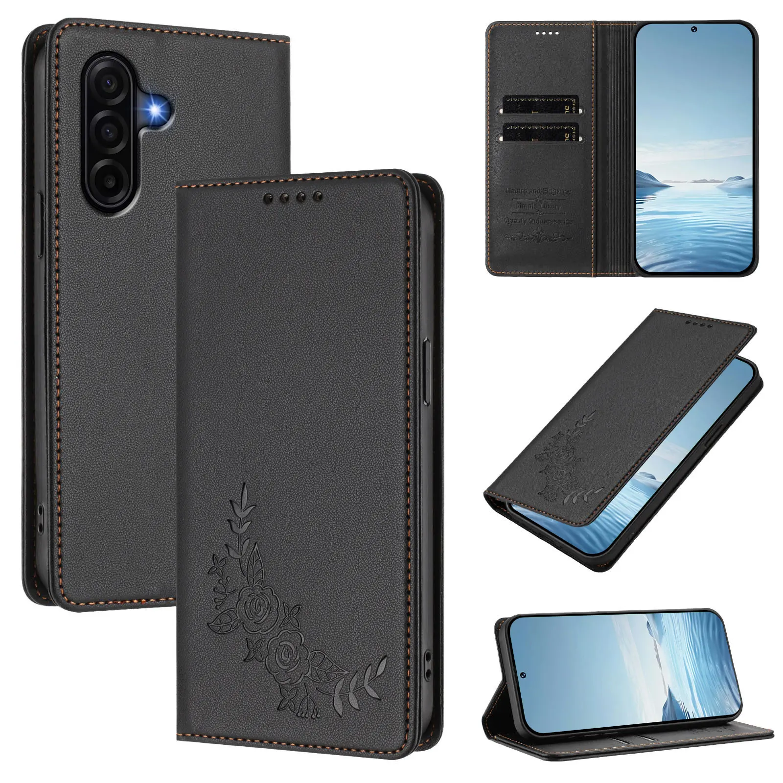Magnetyczne etui z klapką ze skóry do Samsung Galaxy A57 A37 A27 A17 A07 A56 A36 A26 A16 A06 z przegródką na karty, funkcją podstawki i ochroną przed wstrząsami. — zdjęcie produktu 6