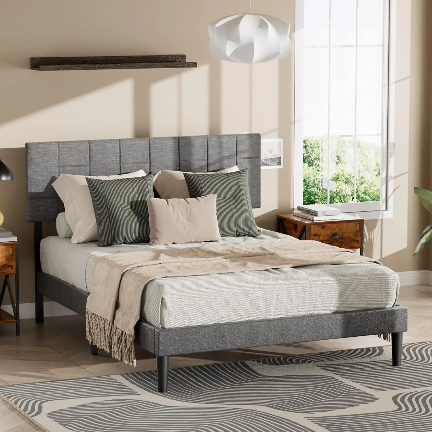 Gray Low Profile Upholstered Platform Bed Frame (Queen) - Bed Frame Queen Size With Headboard, Camas Queen