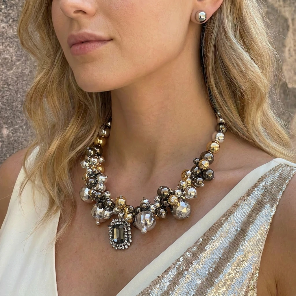 Leicht Luxuriöse Mehrschichtige Imitationsperlen-Choker-Halskette für Frauen Geometrische Quadratische Ohrringe Hochzeits- und Bankett-Schmucksets – Detail 3