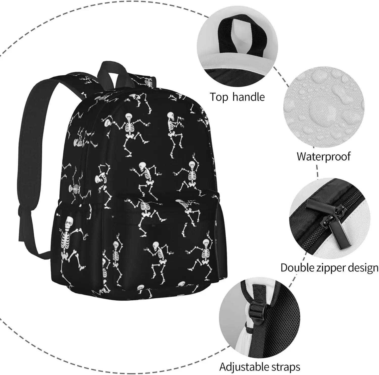 Halloween Dancing Skeleton School Backpack Casual Sports Goth Skull Bookbag Travel Laptop for Students Boys Girls