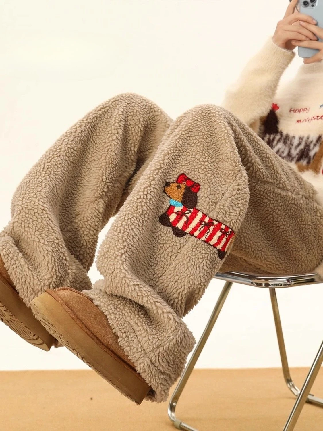 

2024 New Thermal Sweatpants Men, Sherpa Lined Wide Leg Joggers, Cute Dachshund Street Style Pants for Snow Days