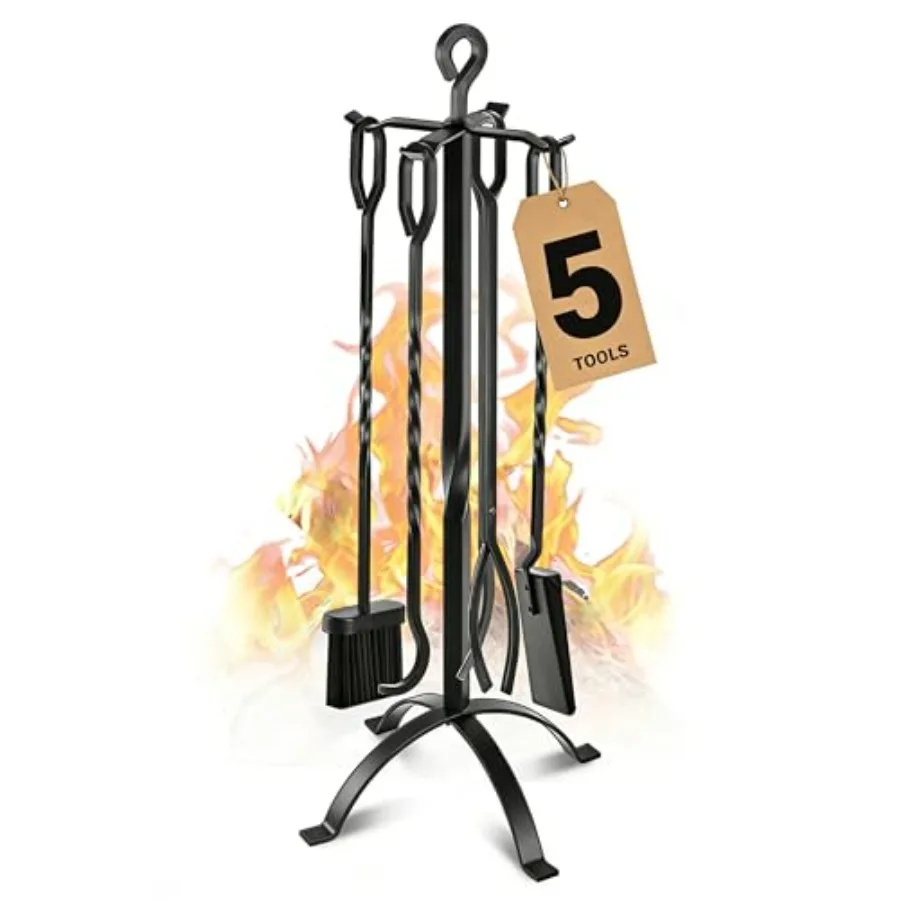 

Gtongoko Fireplace Tools Set 5 Pieces 32 Inch Modern Black Wrought Iron Large Fire Tool Set for Outdoor/Indoor Include Chimney