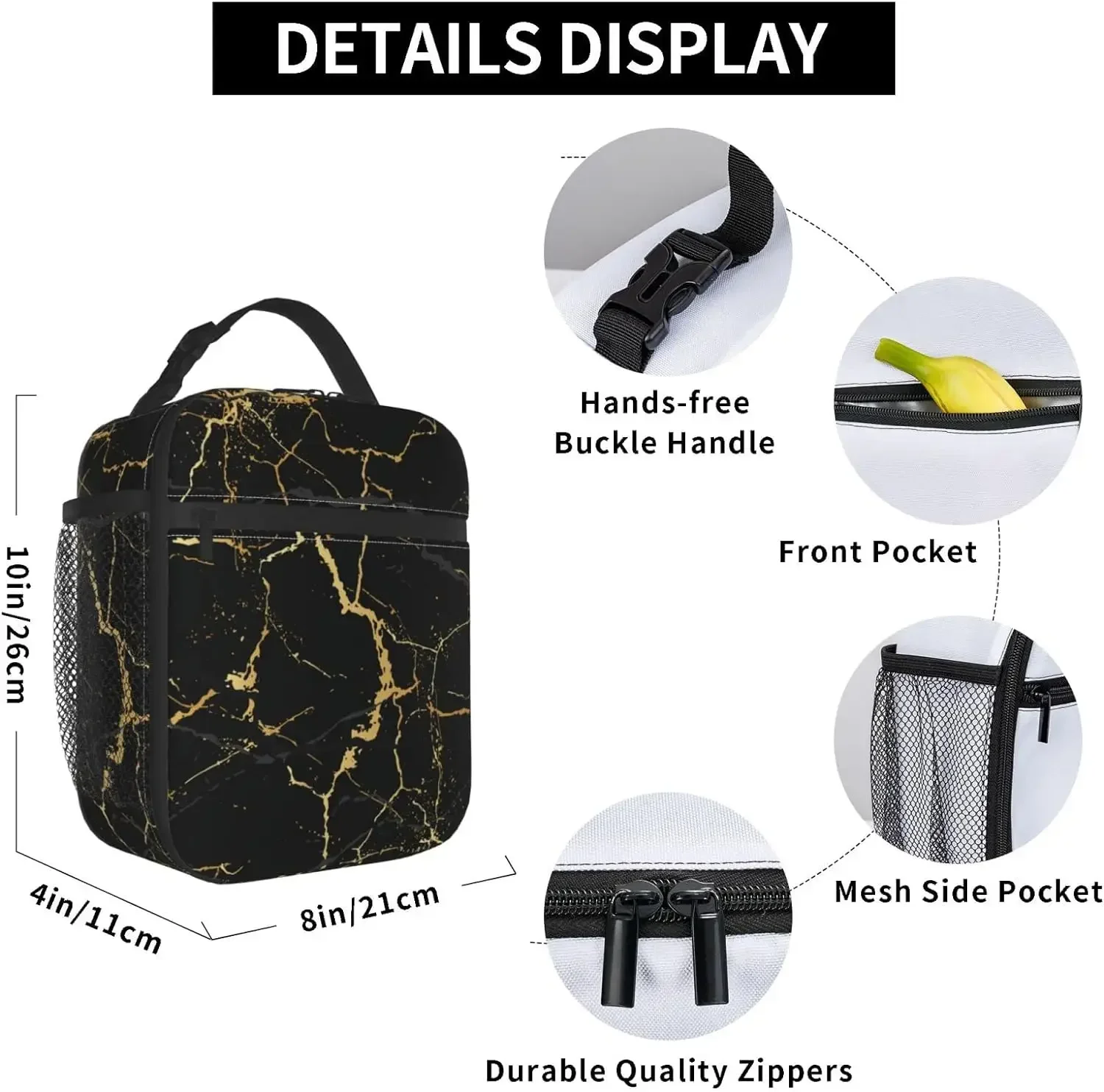 

Black Marble Lunch Bag Insulated Portable Reusable Marbling Texture Lunch Box