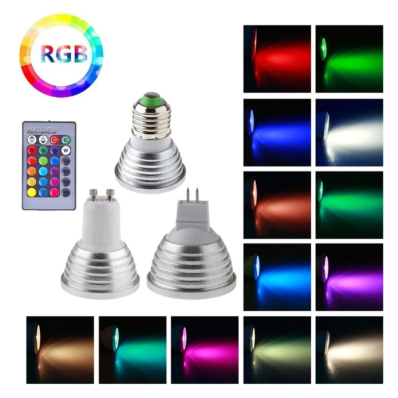 lampada led rgb para casa 5w gu10 e27 e14 mr16 b22 16mudanca de cor 85265v com controle remoto ir 01