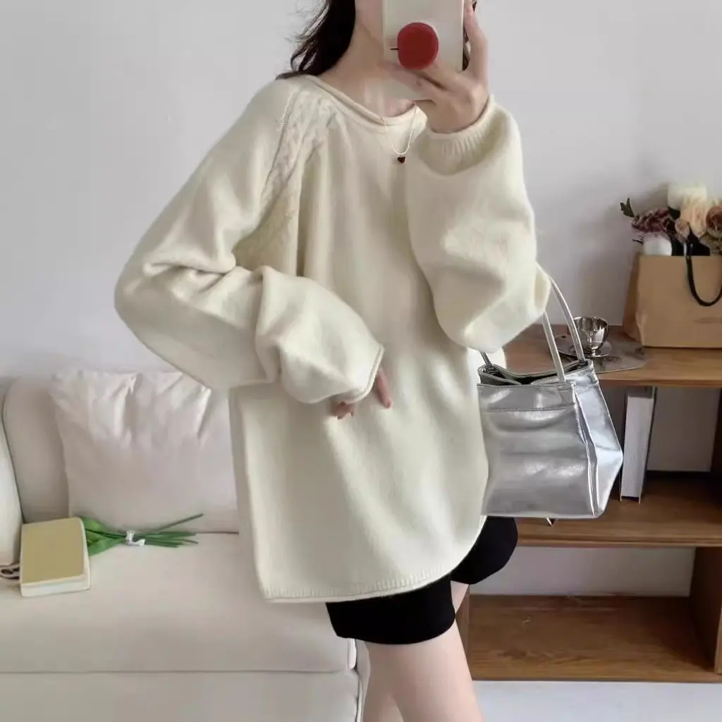 

Women's Thick Knitted Long Sleeve Pullover round Neck Sweater Loose Large Edition Curl Shoulder Fashion Top