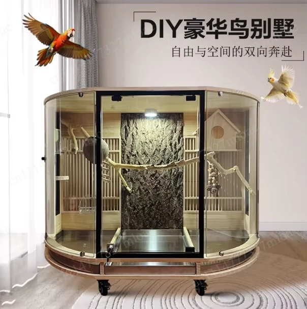 Panoramic view of Parrot Bird Cage Villa Luxury Solid Wood King Kong Grey Parrot Monk Queen Special Splash-proof Small Golden Su
