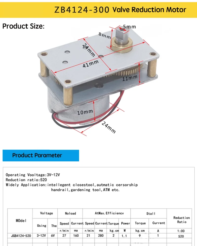 ZB4124-300 Valve Motor Reduction Motor Micro DC Low Speed Motor 6V 27rpm Metal Gear Small Motor for Vending Machines, Valves