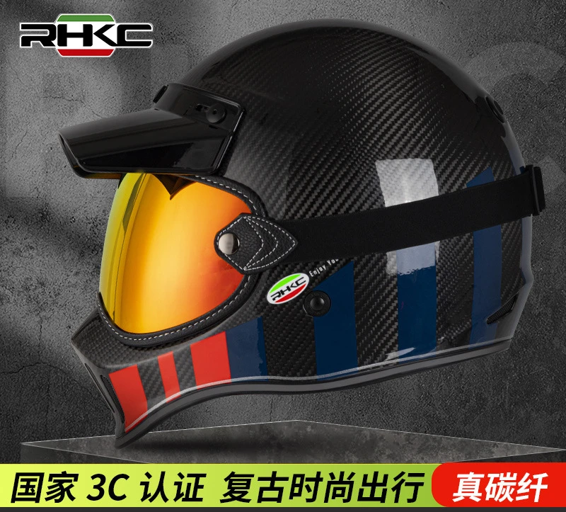 carbon fiber full helmet retro full cover motorcycle helmet locomotive boys and girls 3c certified four seasons helmet