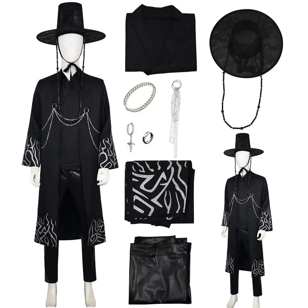 Kostum Pemburu Iblis K-POP Dewasa Pria Jinu Penyanyi Pop Cosplay Pakaian Halloween dengan Mantel Tunik Jubah Topi