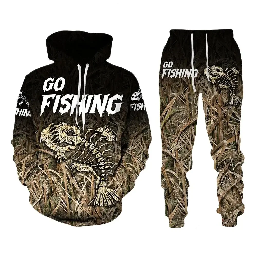 Men's Tracksuit Sets Go Fishing 3D Print Casual Hoodie Pants 2pcs Sets Animal Fish Hunting Camo Hoodie Sets Trend Men Clothing