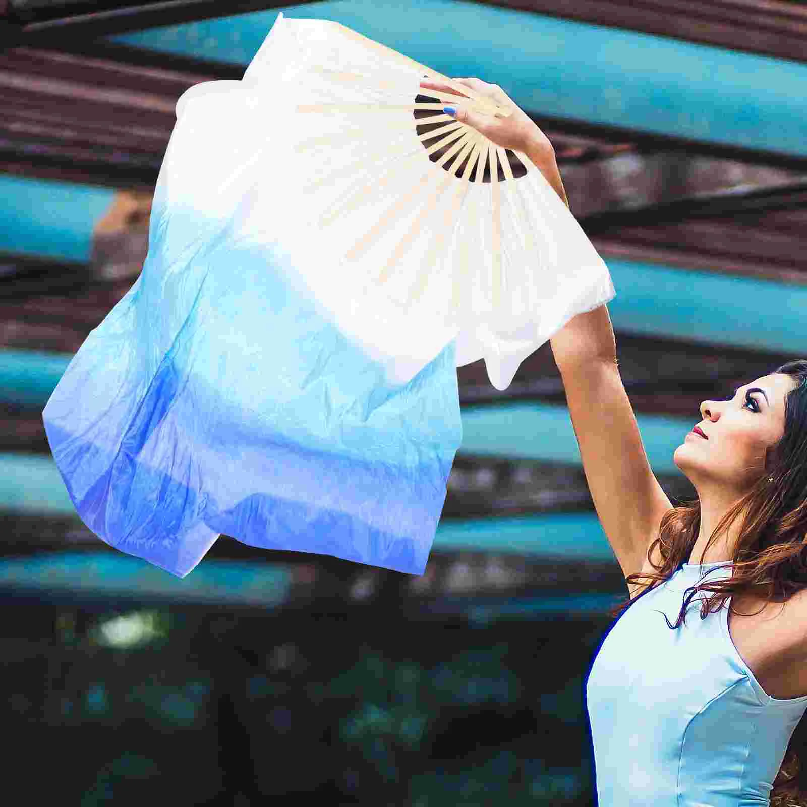 2 peças leque para dança gradiente longo tecido dobrável alongar madeira feminino