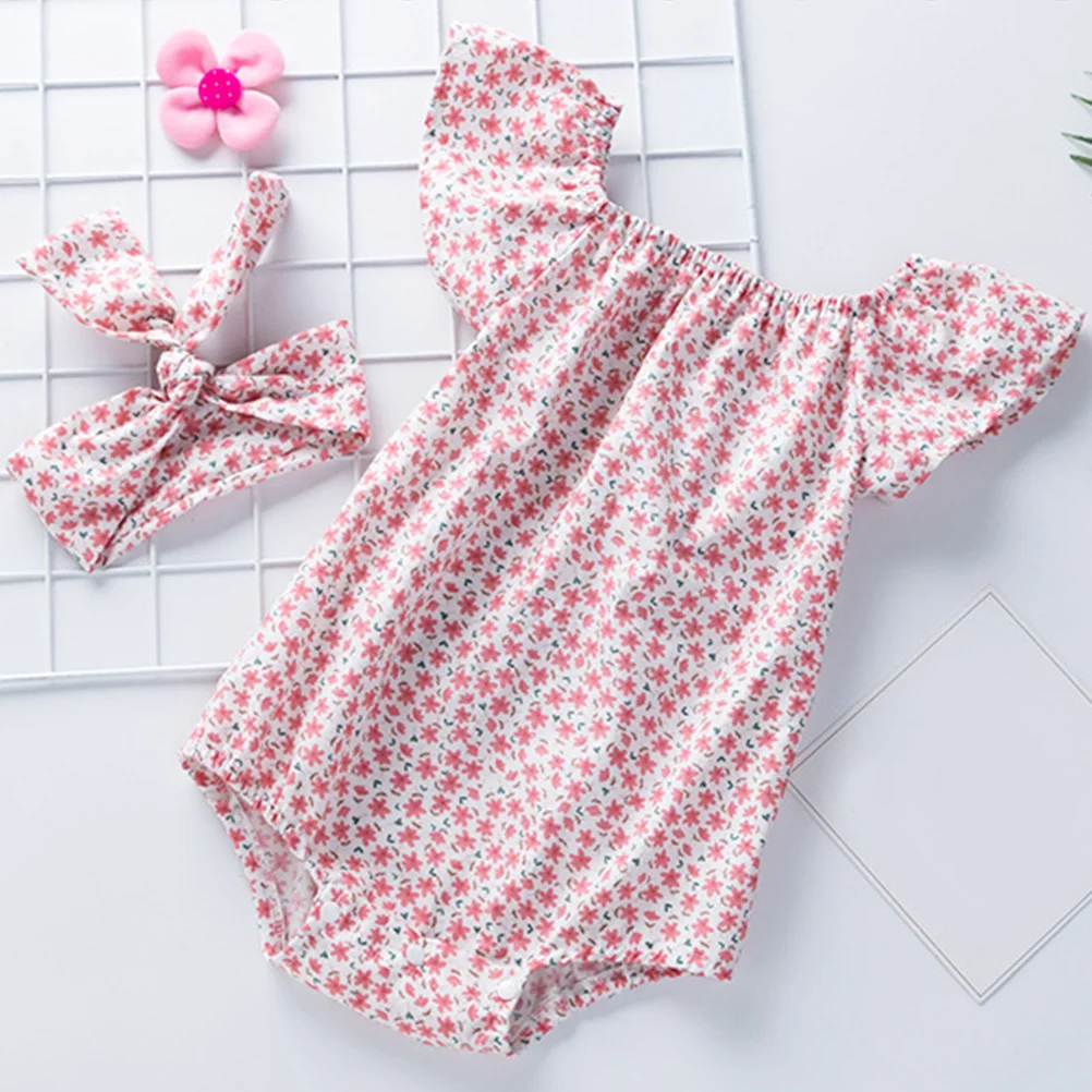 

1Set Baby Girls Short Sleeve Summer Romper Breathable Cotton Flower Design Clothes Headband Perfect for Photoshoot Birthday