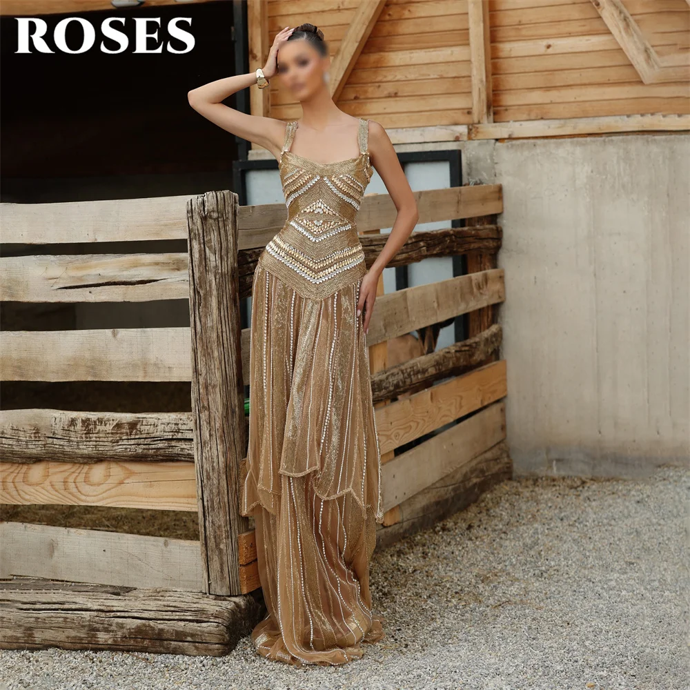 ROSES Brown Evening Dress Spaghetti Strap Sleeveless Party Dresses Beading On Chest Prom Gown A Line robes du soir Customized
