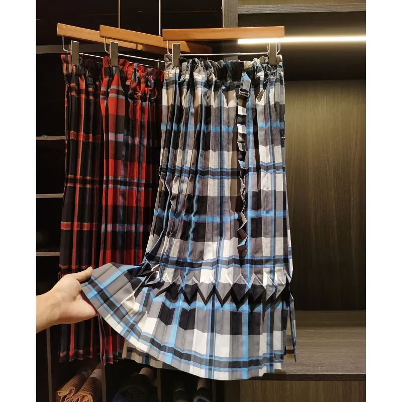 Miyake Pleated High-End Plaid Color-Block Print British Style Pleated Skirt Summer Versatile Elastic Waist Mid-Length Skirt