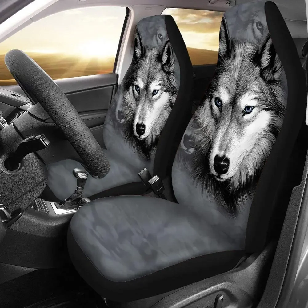 Air Cushion Universal Car Interior Seat Covers 2 Piece, Animal Wolf Pattern Stretch Seat Protector for Car, SUV & Tru