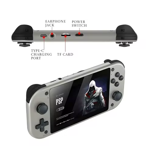 O Console de jogos portátil com tela LCD de 4,3" Quad-core, até 1,2 GHz, 25 emuladores clássicos