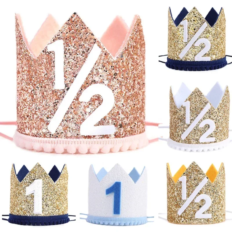 Birthday Crown Hat 1/2 1st Happy Birthday Party Decor Caps Glitter Headband Newborn Girls Boys Baby Shower Decoration Supplies