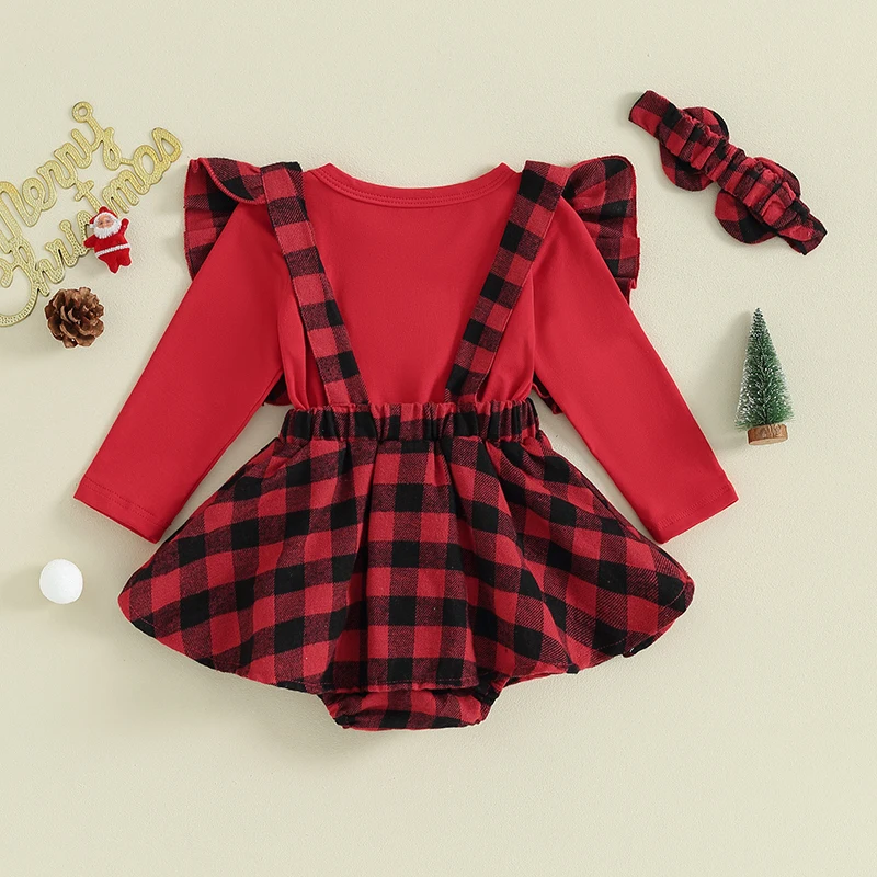 

Newborn Girl Christmas Outfit Ruffle Suspender Dress Baby Plaid Cartoon Embroidery Romper Headband