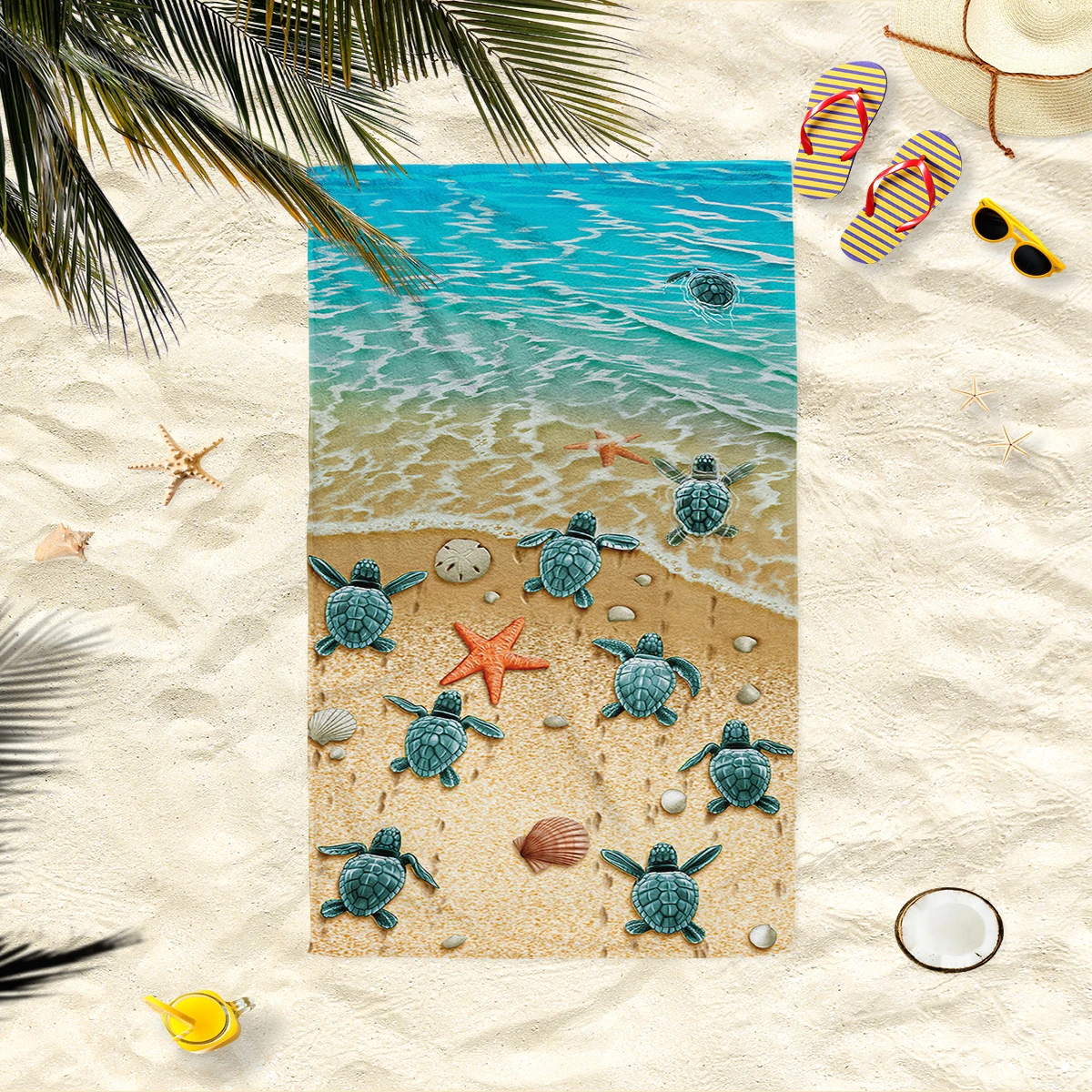 1PC80x150cm beach towel, turtle return to the sea bath towel, ultra-fine fiber fabric, for vacation, tourism, camping use