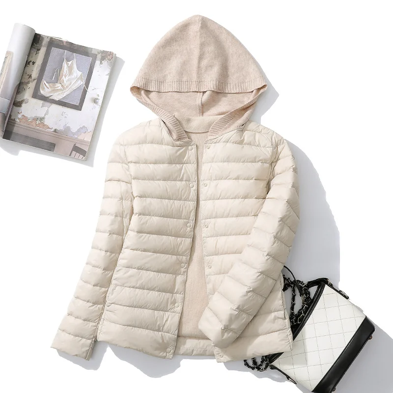 Women Knitted Patchwork Hooded Down Jacket Autumn Winter Light Thin White Duck Down Coat Lady Short Warm Puffer Parkas Outwears