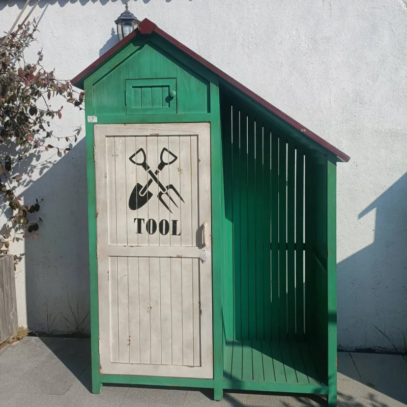American Style Outdoor Storage Cabinet with Waterproof Roof, Doors Garden Shed with 2 Removable Shelves, Wooden Storage Shed