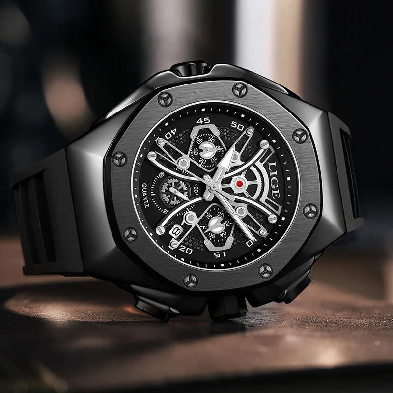 LIGE-Men ساعة كوارتز سيليكون مقاومة للماء ، كرونوغراف رياضي ، عسكري ، عمل ، علامة تجارية مشهورة ، فاخرة ، موضة جديدة