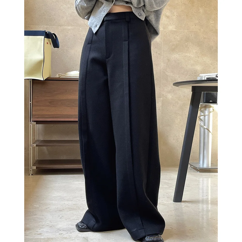 Winter New Simple Polished High Waist Pleated Wide Leg Trousers Loose and Thin Straight Trousers Women Thick 2025