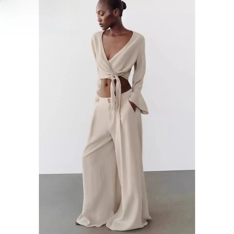 

Лето 2024, женские широкие брюки Sve V-ne ort Long Sve irt, свободный крой, повседневные, однотонные, модные женские брюки