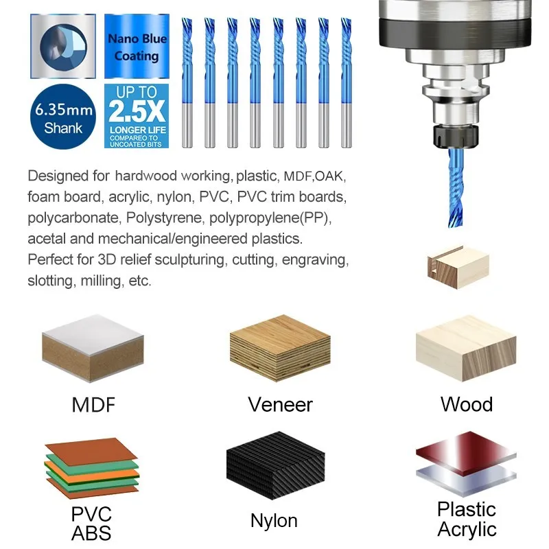 End Mill Single Flute Left Hand Milling Cutter 3.175/4/6/8/10/12mm Shank Nano Blue Coated Carbide CNC Router Bits Down Cut