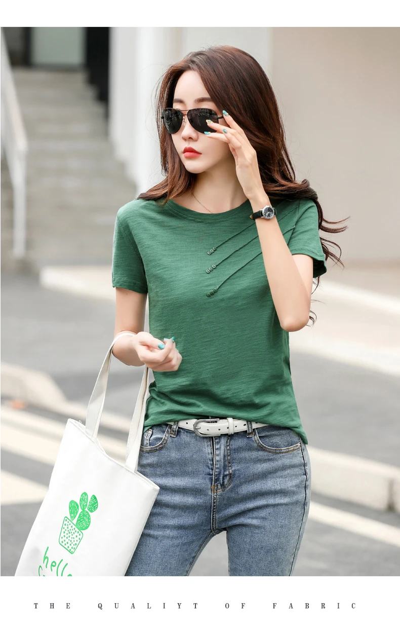 AOSSVIAO 2026 Summer Solid Color Women's T-Shirts Slub Cotton O-Neck Short Sleeve T-Shirt Loose Casual Simple Button Basic Top