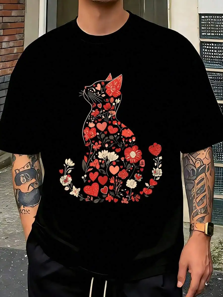 

Floral Cat Graphic Tee For Men And Women Casual Cotton T-Shirt