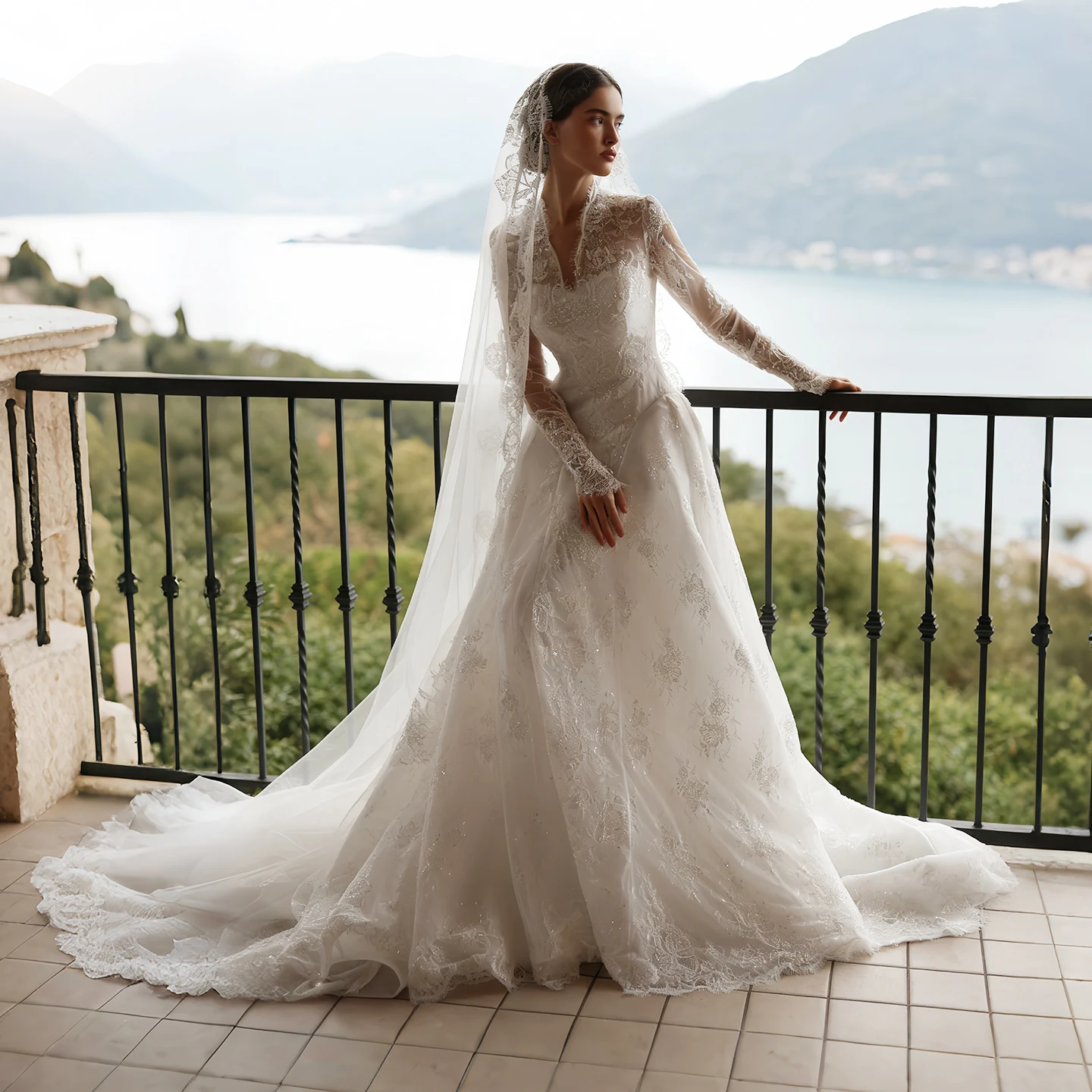 Sheer Fairy Wedding Dresses Elegant A-line Floral Lace V Neck Sequined Sheer Long Sleeve Luxurious Bridal Gowns SW278 Customized